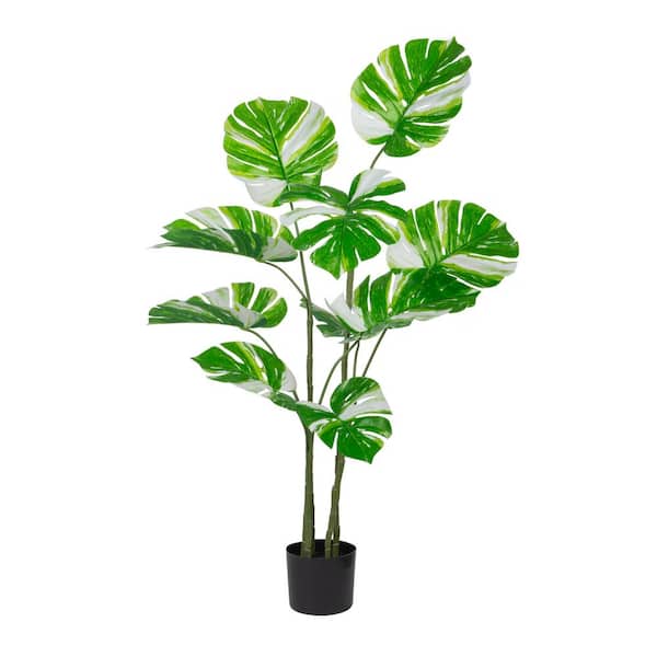 NATURAE DECOR 47 in. White Artificial Monstera Indoor and Outdoor Flowering Plant in Black Pot