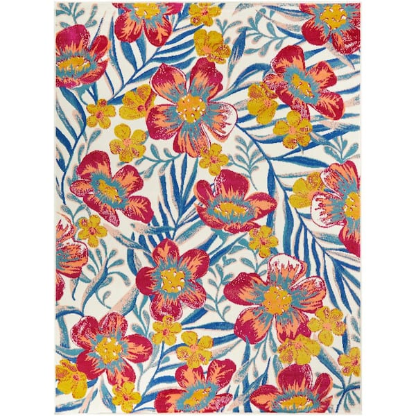 Hampton Bay Tropical Flowers Multi-Colored Color 5 ft. x 7 ft. Indoor/Outdoor Patio Area Rug