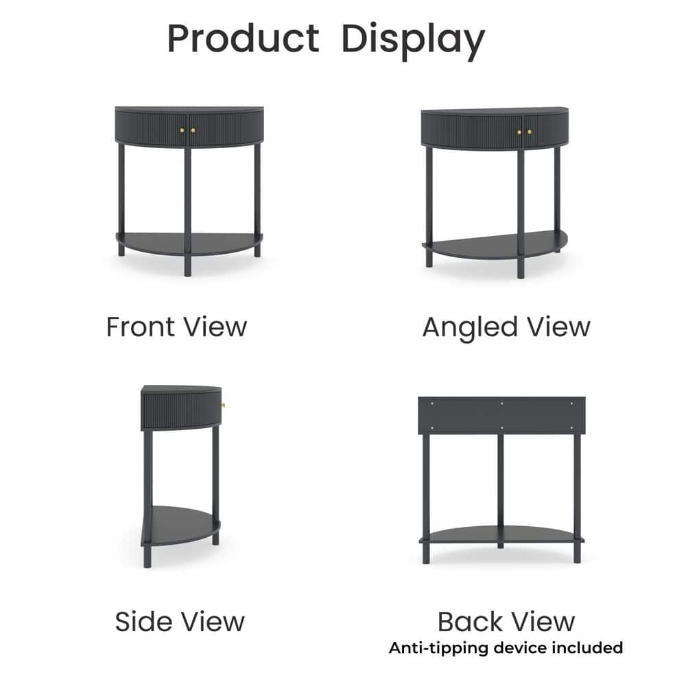 Noble House Rhett 31.5 in. Dark Gray Half Moon Wood Console Table, End Table with 2 Storage Drawers, Bottom Shelf, Woodgrain (Little damage; see the picture) (no test)