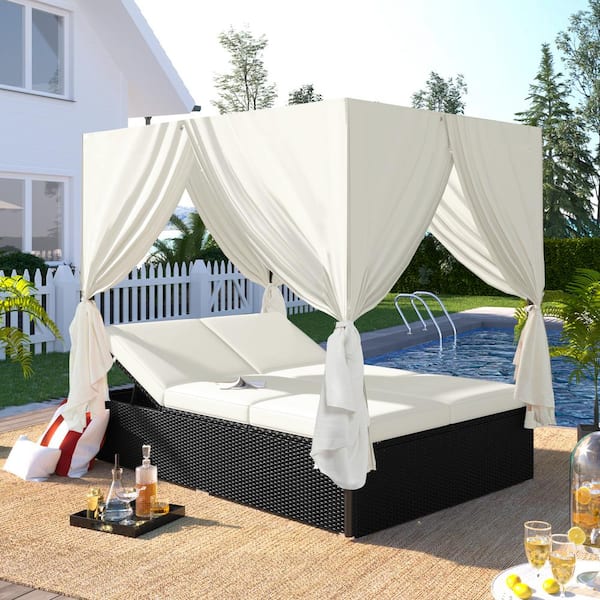 Cesicia Patio Wicker Rattan Outdoor Day Bed with Beige Cushions and Adjustable Seats