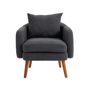 Modern Carbon Black Boucle Upholstered Wooden Frame Accent Arm Chair with Cushion and Pillow