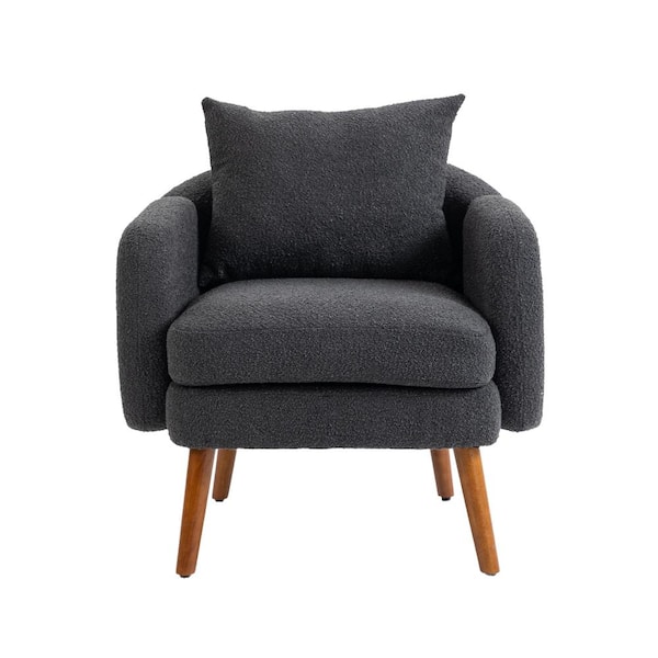 HOMEFUN Modern Carbon Black Boucle Upholstered Wooden Frame Accent Arm Chair with Cushion and Pillow