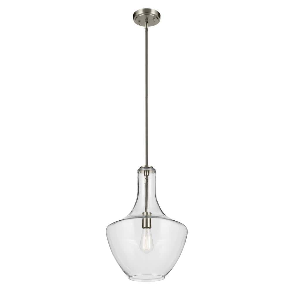 KICHLER Everly 19.75 in. 1-Light Brushed Nickel Modern Shaded Bell Kitchen Hanging Pendant Light with Clear Glass