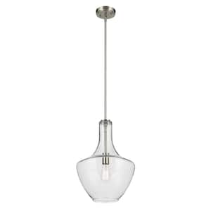 Everly 19.75 in. 1-Light Brushed Nickel Modern Shaded Bell Kitchen Hanging Pendant Light with Clear Glass