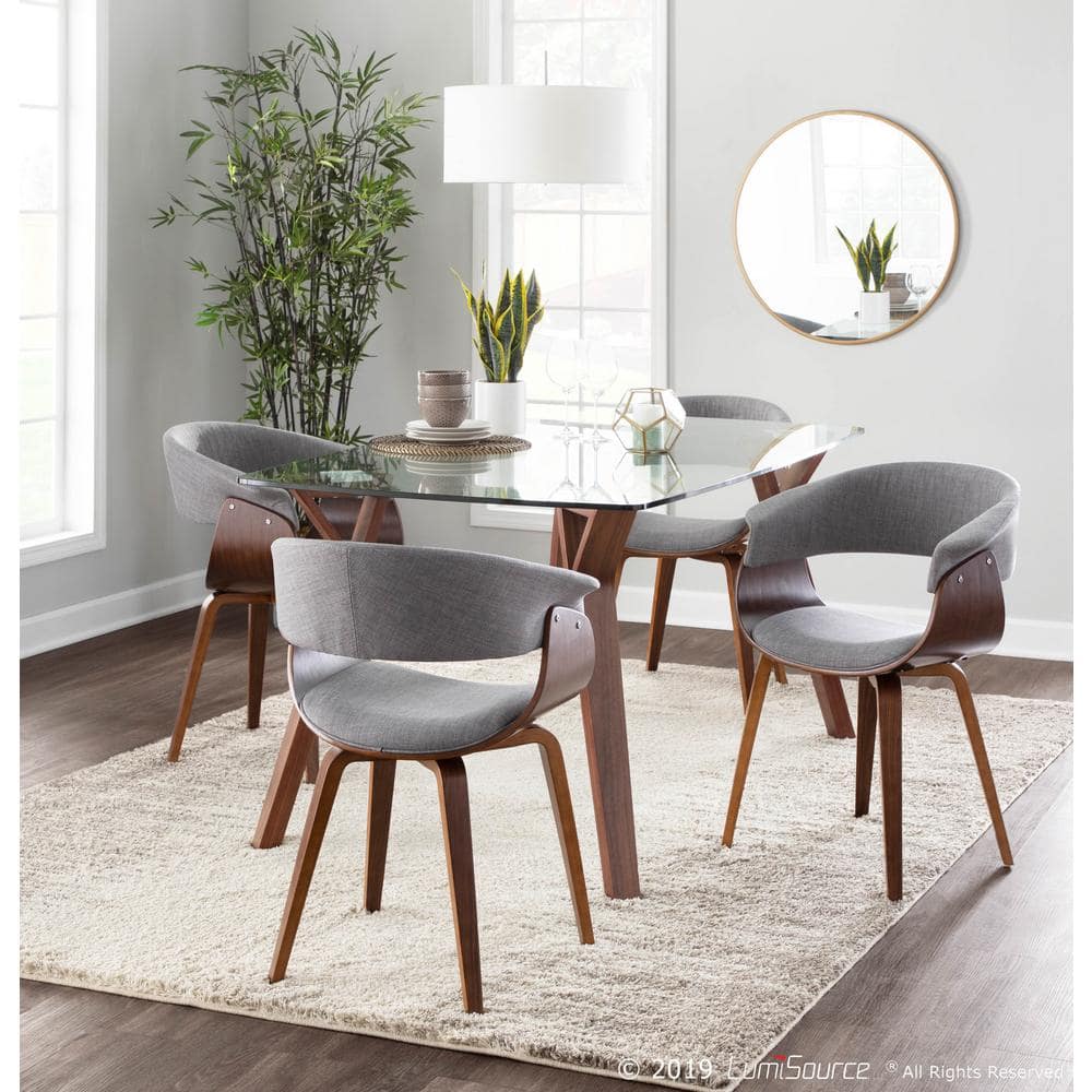 Set of 2 Light Grey Upholstered Walnut Wood Arm Chairs