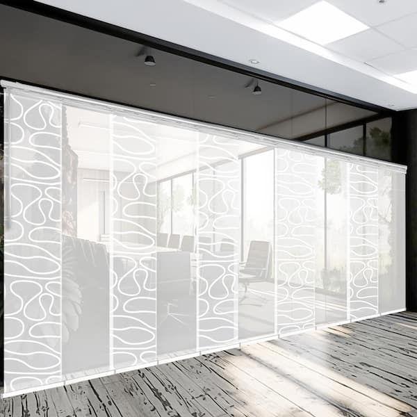 EMOH Misty Swirl 120 in. - 218 in. W x 94 in. L Adjustable 10-Panel White Double Rail Panel Track with 23.5 in. Slates