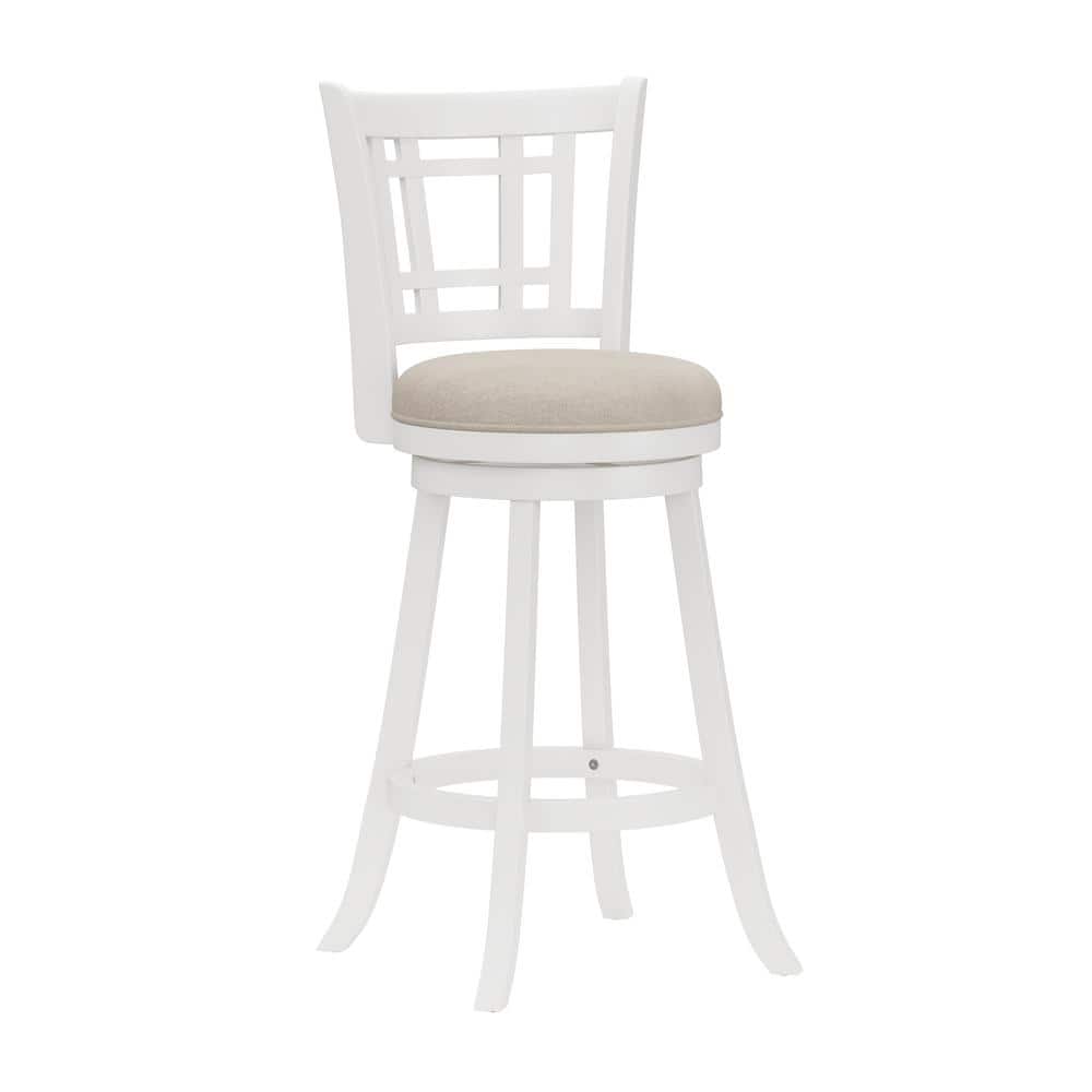 Elegant White Swivel Bar Stool with Beige Fabric Seat and Wood Accents