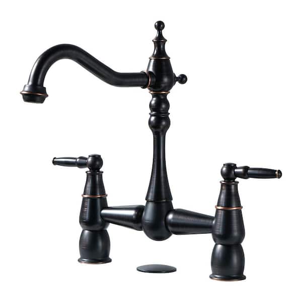 Double-Handle Bridge Kitchen Faucet Deck-Mount, 2 Hole Brass Kitchen Sink Faucet in Oil Rubbed Bronze