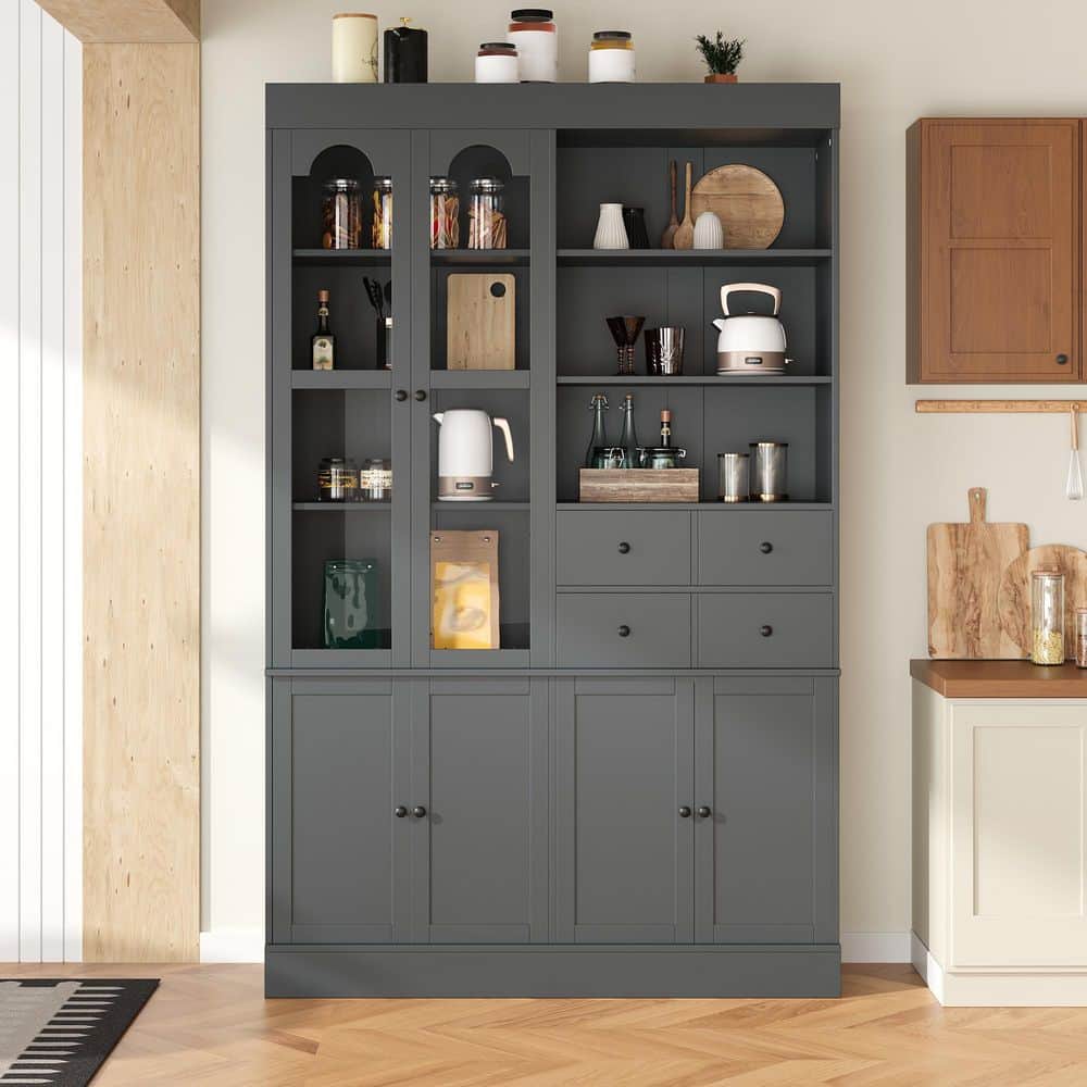 Gray Wood 47.2 in. x 75 in. Kitchen Pantry Cabinet with Hutch, 4 Drawers, Door Shelves and Pull-out Trays