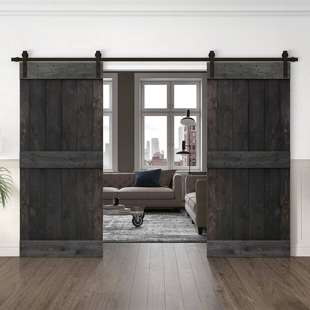 Charcoal Black Solid Pine Wood Double Barn Door Kit with Oil Rubbed Bronze Hardware