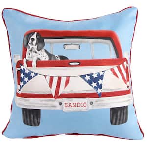 18 in. L x 18 in. W x 5 in. T Reversible Outdoor Throw Pillow in Patriotic Dog Truck