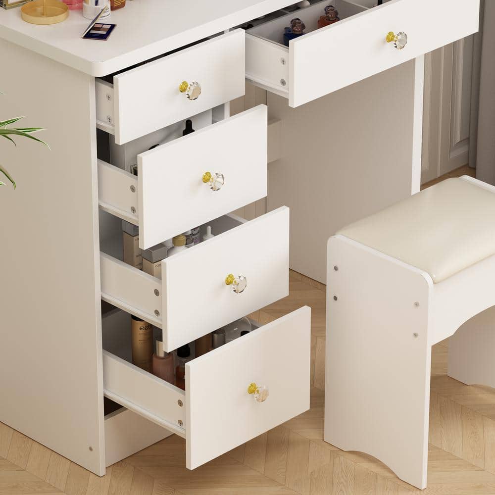 White Wood Makeup Vanity Set with LED Mirror and Stool