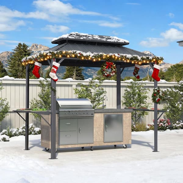 6 ft. x 9 ft. Hardtop Grill Gazebo for Patio Aluminum Barbecue Shelter Gazebo with Hooks and Shelves Double Tiered Grey