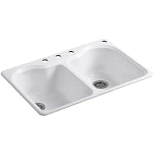 Hartland Drop-In Cast Iron 33 in. 4-Hole Double Bowl Kitchen Sink in White