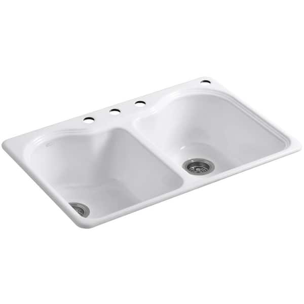 KOHLER Hartland Drop-In Cast Iron 33 in. 4-Hole Double Bowl Kitchen Sink in White
