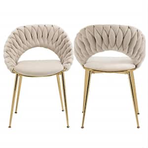Modern Upholstered Ivory Velvet Hand Woven Hollow Backrest Design Dining Chairs Set of 2