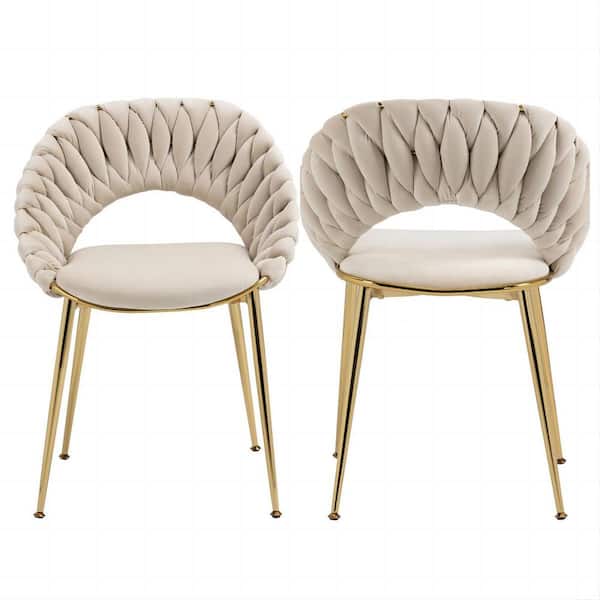 HOMEFUN Modern Upholstered Ivory Velvet Hand Woven Hollow Backrest Design Dining Chairs Set of 2
