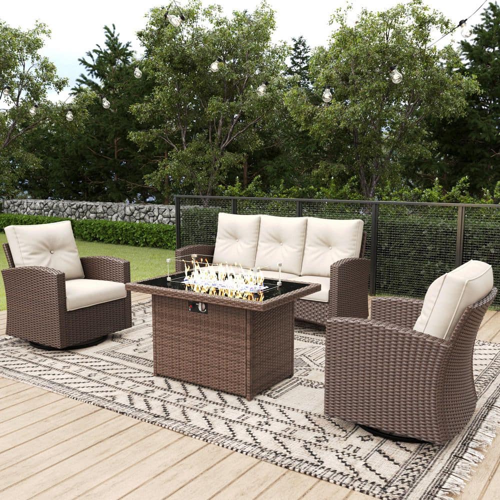 4-Piece Wicker Outdoor Swivel Outdoor Rocking Chair Set Patio Conversation Fire Pit Set with Beige Cushions price history on PriceWatchPro