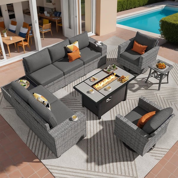 Bissty Gray 10-Piece Wicker Wide Arm Patio Conversation Set with Black Cushions and Swivel Rocking Chairs