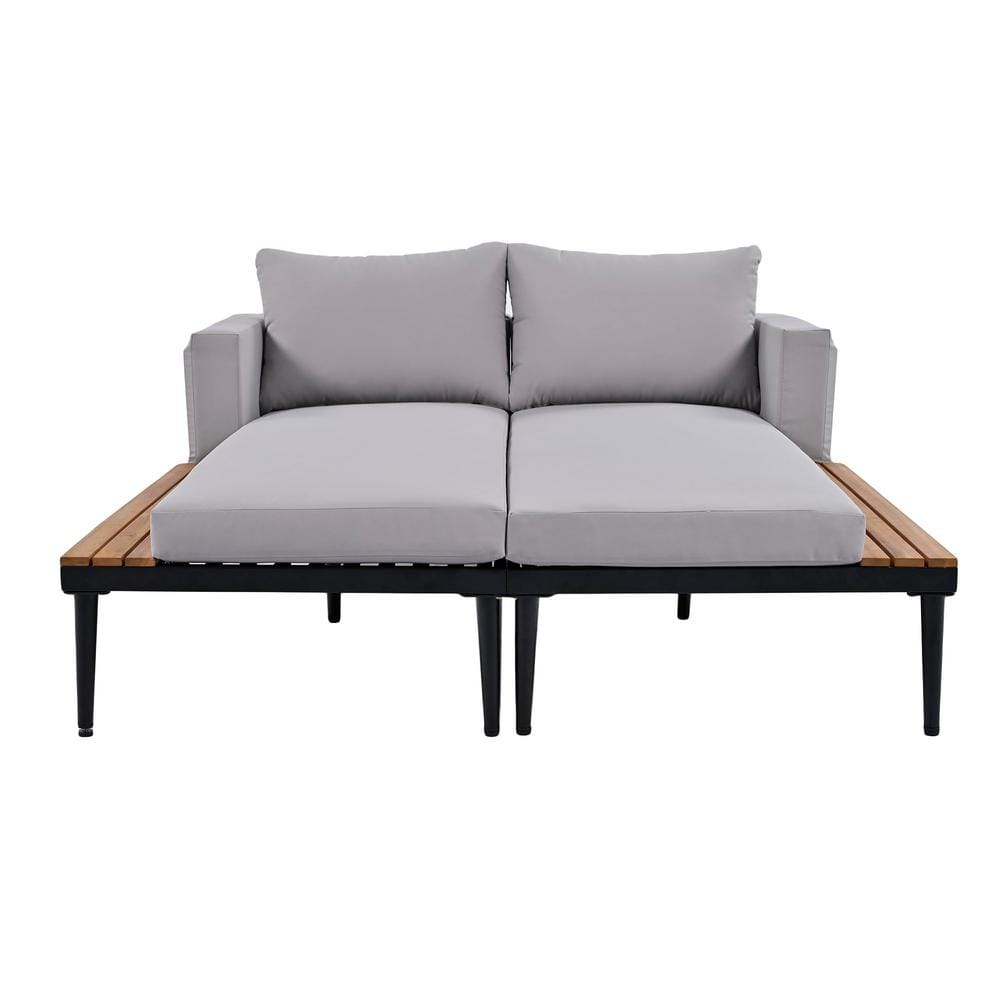Gray Outdoor Daybed Patio Metal Daybed with Wood Topped Side Spaces 2 in 1 