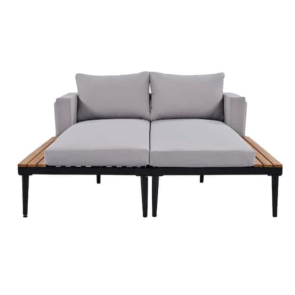 Unbranded Gray Outdoor Daybed Patio Metal Daybed with Wood Topped Side Spaces 2 in 1 Padded Chaise Lounges for Poolside, Balcony