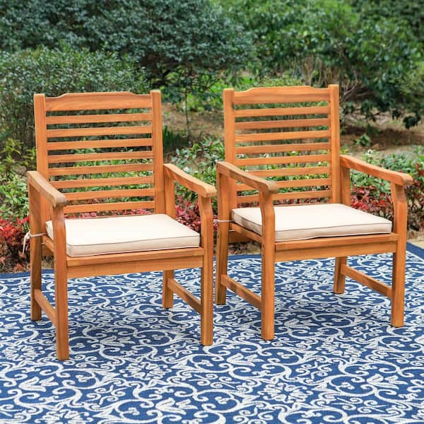 Brown Acacia Natural Wood Patio Outdoor Dining Chair with Beige Removable Cushion (2-Pack)