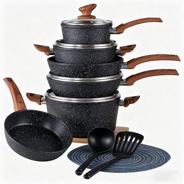 Pots and Pans Set Non Stick - 12 Piece Induction Kitchen Cookware Sets, Black Granite Nonstick Cooking Pans Set