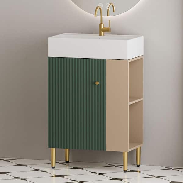 21.6 in. Single Sink Freestanding Green Bath Vanity with White Ceramic Top, Open Shelf Storage, Right Side
