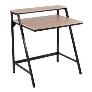 2-Tier 31.5 in. Natural Wood & Black Steel Writing Desk with Shelf