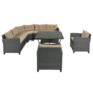 6-Piece Wicker Outdoor Dining Set with Beige Cushions and Pillows