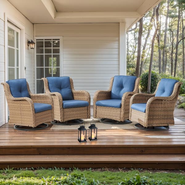 moosprr 4-Piece Yellow Swivel Glider Wicker Outdoor Rocking Chair with Blue Cushions and Curved Armrest
