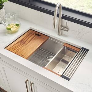30 in. Single Bowl Undermount 16-Gauge Stainless Steel Ledge Kitchen Sink with Sliding Accessories