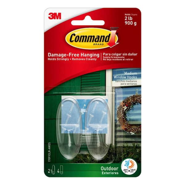 2 lb. Medium Clear Outdoor Window Hooks (2 Hooks, 4 Water Resistant Strips)