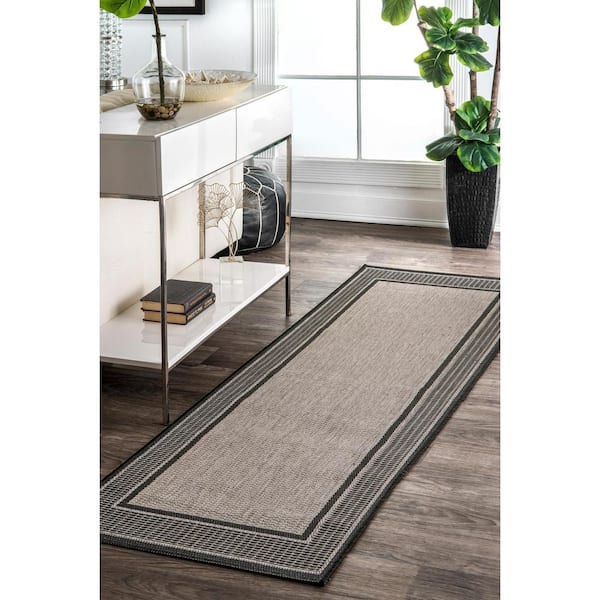 Gris Border Gray 2 ft. x 8 ft. Indoor/Outdoor Runner Patio Rug