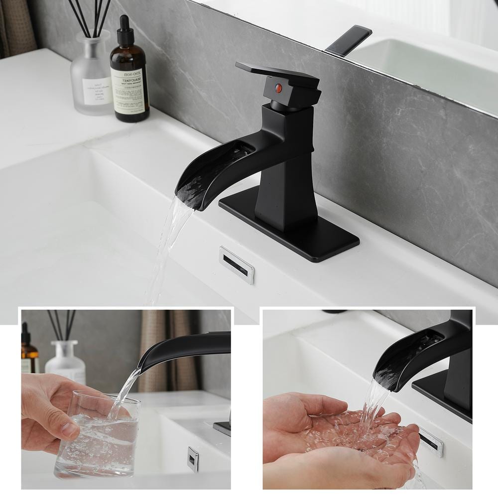 Matte Black Brass Single Handle Waterfall Bathroom Faucet with Deckplate
