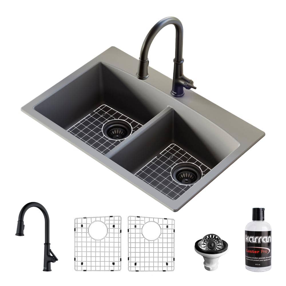 Karran QT- 710 qt. 33 in. 50/50 Double Bowl Drop-In Kitchen Sink in Grey with Faucet in Matte Black -  QT710GRKKF330MB