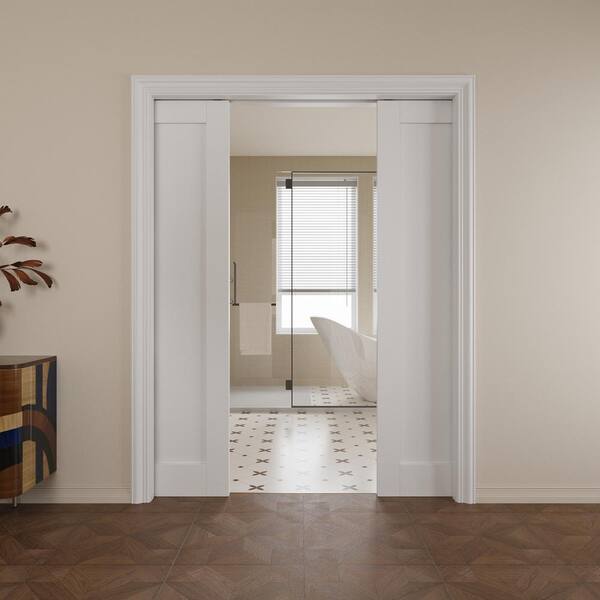 64 in. x 80 in. White Blank Primed Solid Core Door Slab with Wood Pocket Door Frame and Hardware Soft Close Included