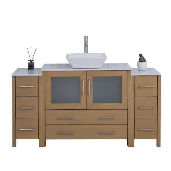 Vanity Art 60 in. W Single Basin Natural Oak Bath Vanity with White Engineered Marble Top and Mirror