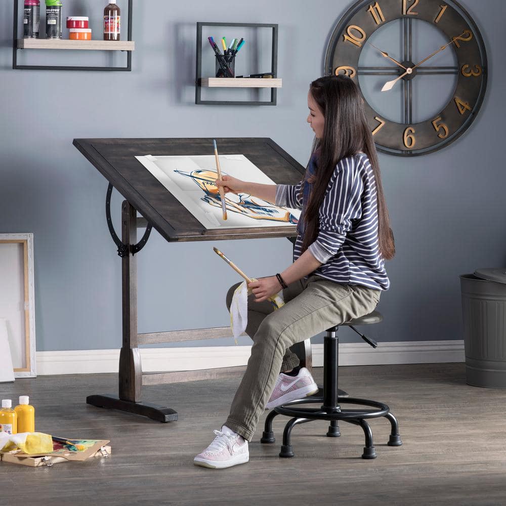 Turn-of-the-Century Distressed Black Solid Wood Adjustable Drafting Table