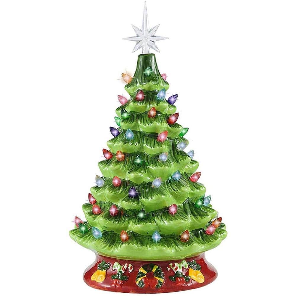 JOYIN 17.2 in. Tall Green PlasticandMetal Tabletop Christmas Tree with Holly Leaves and Pine Cones