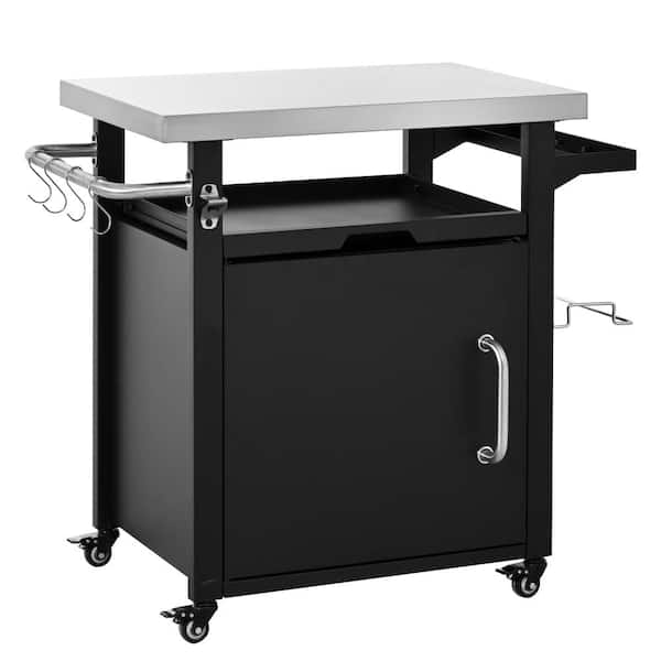 Black Outdoor Patio Kitchen Island with Stainless Steel Top,Spice & Paper Rack and Waterproof Cover