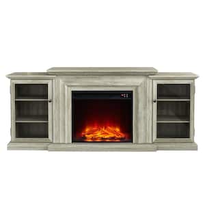 71 in. Vintage Wooden TV Stand with Electric Fireplace in Light Gray for TVs up to 70 in.