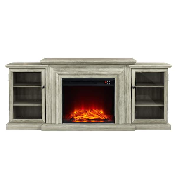 FESTIVO 71 in. Vintage Wooden TV Stand with Electric Fireplace in Light Gray for TVs up to 70 in.