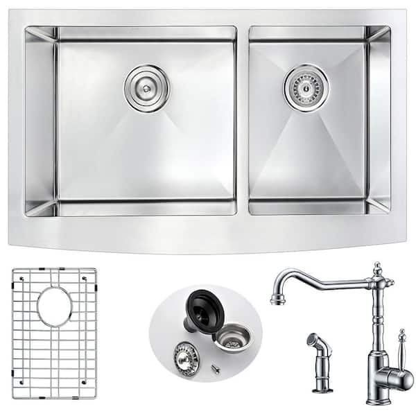 36 in. Farmhouse Apron-Front Single Bowl Polished Chrome Stainless Steel Kitchen Sink Bundle and Locke Faucet Included