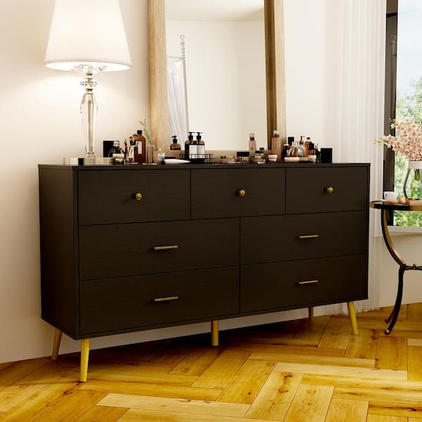 FUFU&GAGA 7-Drawer Black Wood Dresser (31.5 in. H x 55.9 in. W x 15.7 in. D)