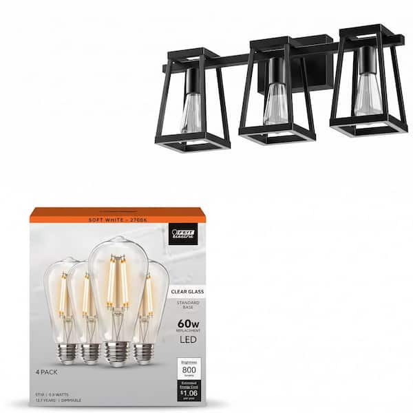 Katalyst 24 in. 3-Light Matte Black CCT LED Vanity Light with ST19 Vintage Edison LED Light Bulb Soft White (4-Pack)