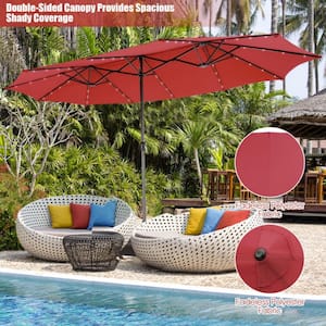 15 ft. Double-Sided Market Patio Umbrella in Dark Red with LED Lights