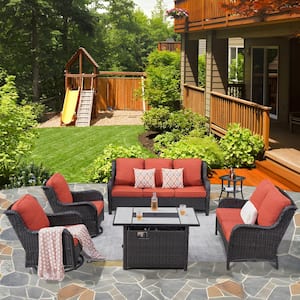 Vincent Brown 6-Piece Wicker Patio Rectangular Fire Pit Set with Orange Red Cushions and Swivel Rocking Chairs