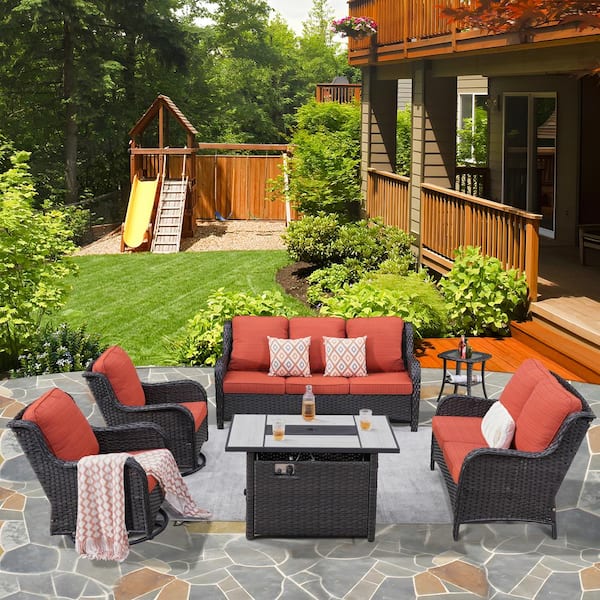 XIZZI Vincent Brown 6-Piece Wicker Patio Rectangular Fire Pit Set with Orange Red Cushions and Swivel Rocking Chairs