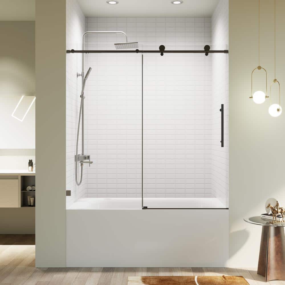 "56-60"" W x 60"" H Matte Black Frameless Single Sliding Soft Close Shower Door, 5/16"" (8mm) SGCC Tempered Glass" price history on PriceWatchPro